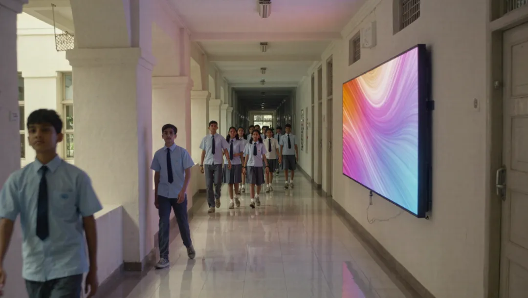 Illustration: a school corridor with a wall-mounted digital display, students walking past