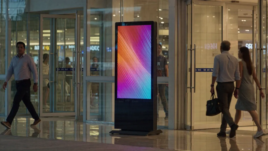 Illustration: a black floor-standing digital standee at a mall entrance, shoppers walking past