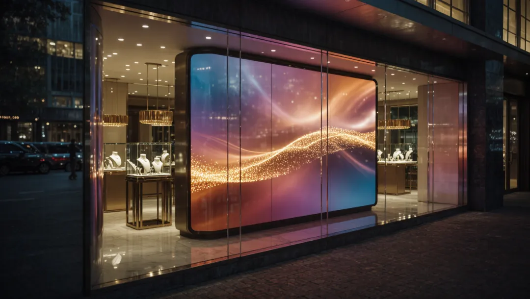 Illustration: a jewellery store window at night with a transparent LED screen behind the glass