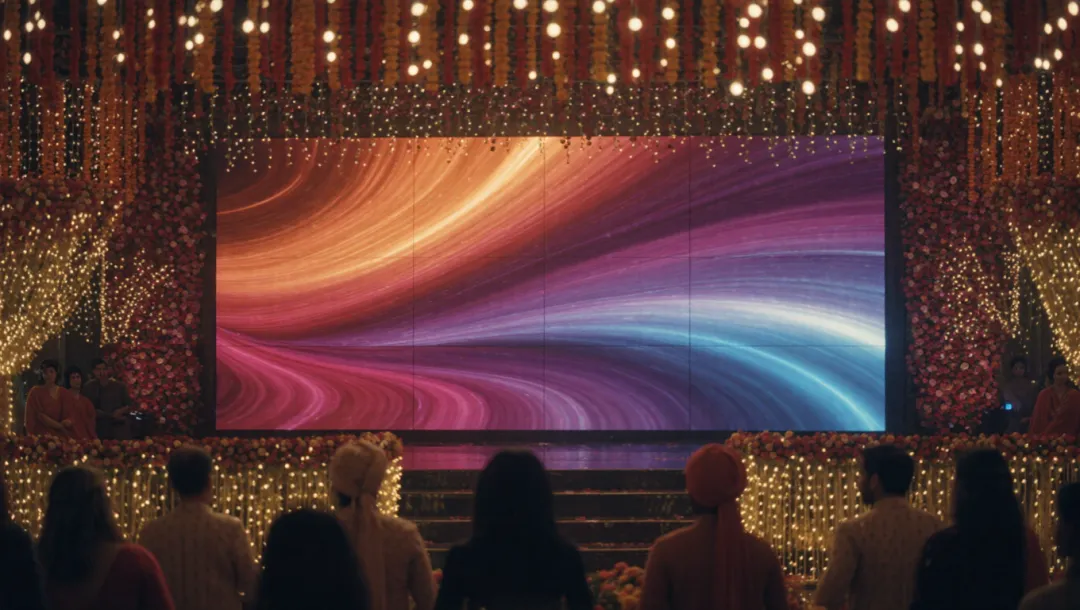 Illustration: an Indian wedding stage with a wide LED video wall framed by marigold garlands
