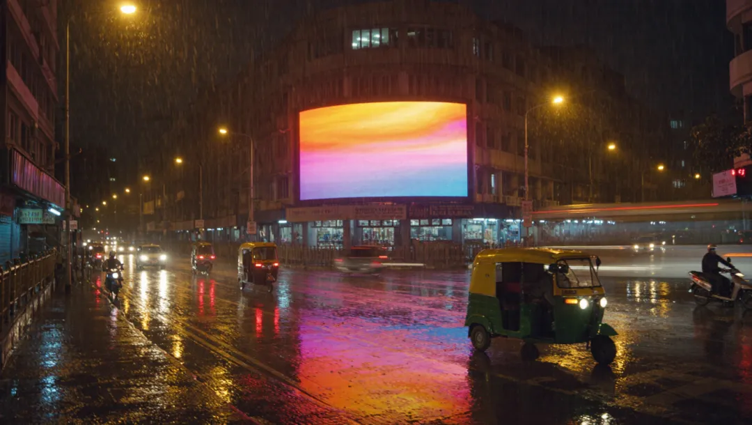 Illustration: an outdoor LED screen over a rainy Indian street at night