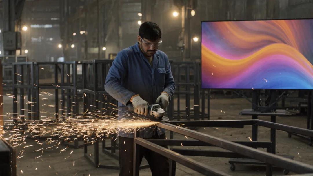 Illustration: a fabricator grinding a steel display frame, sparks flying, finished enclosures behind